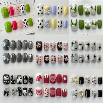 HANDMADE Short Square Shape Artificial Nail Summer Fun Colored Nail Art Cute Green Gentle Star Cool Handprint Phototherapy Nails Reusable