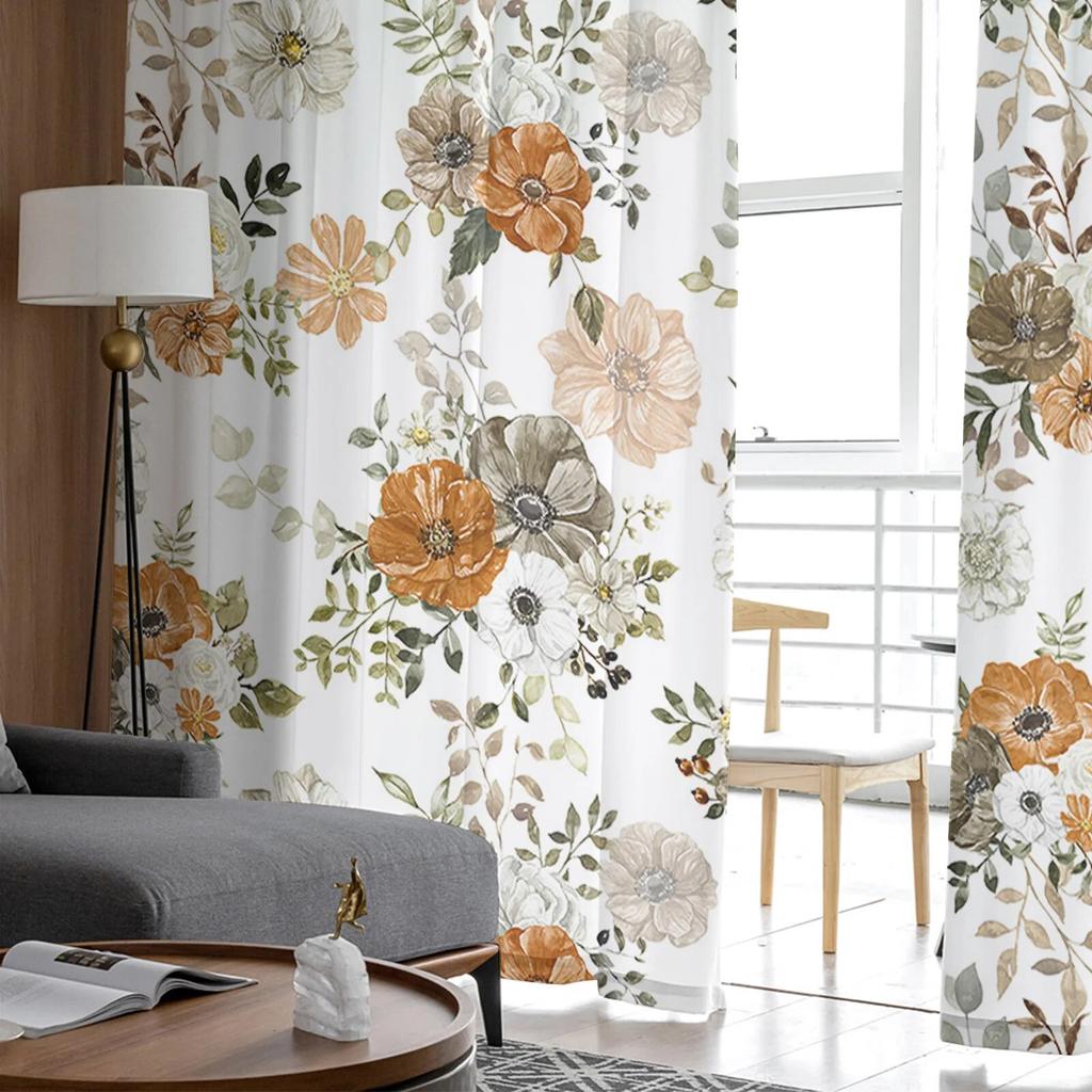Autumn Flowers Eucalyptus Leaves White Pumpkin Voile Sheer Curtains Living Room Tulle Window Curtain Bedroom Drapes Home Decor