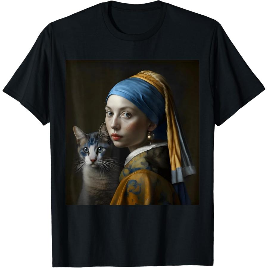 A Girl with a Pearl Earring With Cat Lover, Cat Mom, Cat Dad T-Shirt S чёрный
