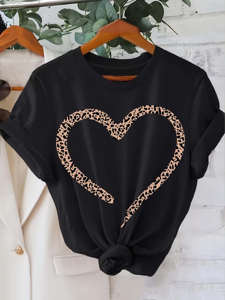Women's Short Sleeve Crew Neck T-Shirt - Vibrant Red with Leopard Print Heart Design,Casual Attire, Trendy Graphic Tee