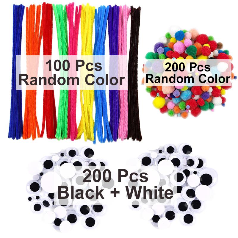 200 pompom balls, 200 adhesive eyes,100 chenille stems, DIY Materials for Kids Aduilt Handmade Art Craft Gifts for Boys Girls