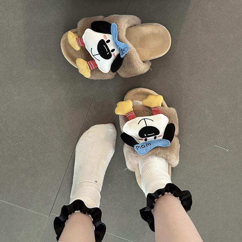 Suede Cartoon Pacha Dog Thick-bottomed Cotton Slippers Women's Autumn and Winter Cute Cute Cute Warm and Plush Casual Fluffy Slippers