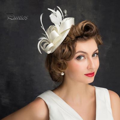 Hair Hoop Fascinator Hat with Hair Clip Elastic Band Faux Feather Ribbon Decor Satin Fabric Women Headband Party Accessories