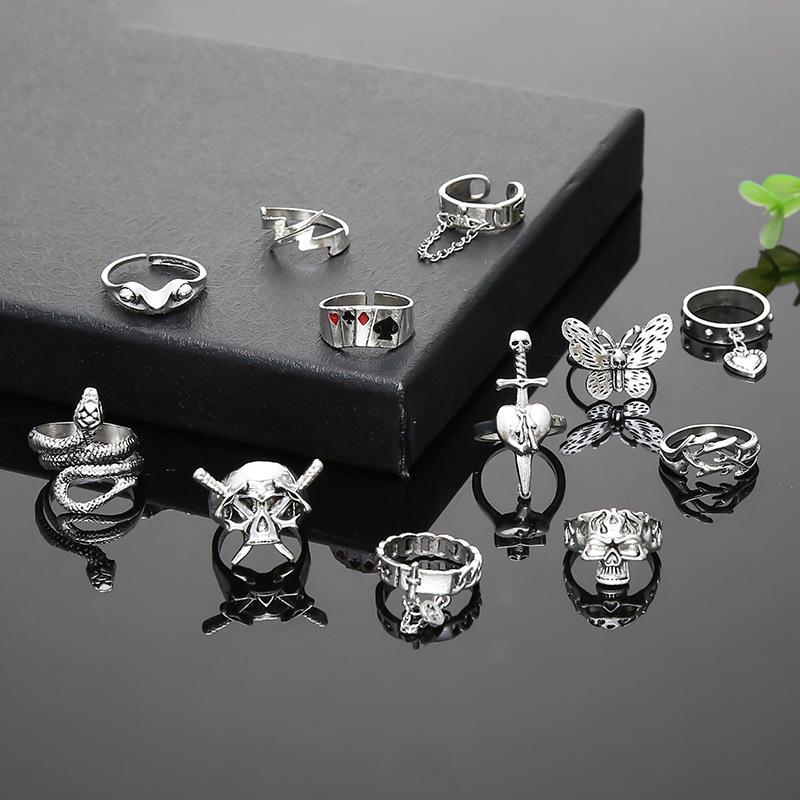 Set of Rings, Exaggerated Skull, Sword, Punk Style, Snake-shaped Butterfly, Animal Combination, 12-piece Set