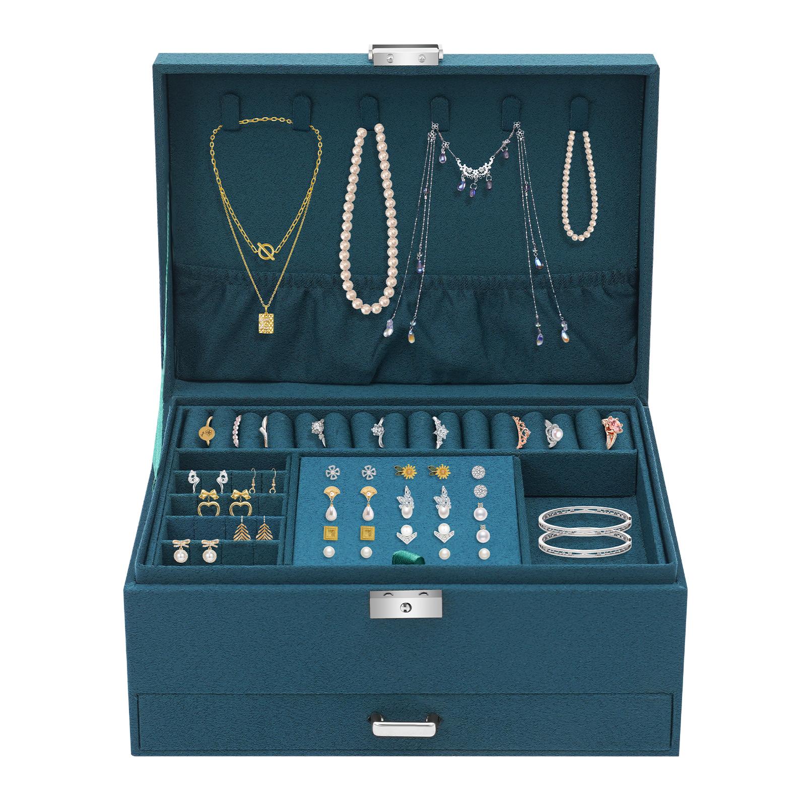 

Jewelry Box with Lock for Women, Green Flannel 3-layer Jewelry Organizer Watches Necklace Ring Storage Box зелений