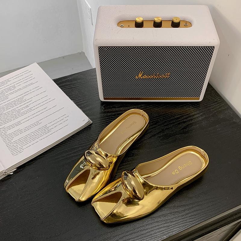 Fashion 2025 Summer Peep Toe Women's Modern Slippers Fashion Square Toe Low Heel Metal Decoration Sandals Outdoor Dress Daily Slippers