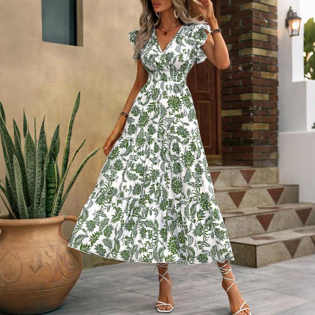 Bohemian Style Women's Summer V Neck Waist Cinched Floral Print Maxi Dress with Short Sleeves and Ruffled Hem for Casual Wear