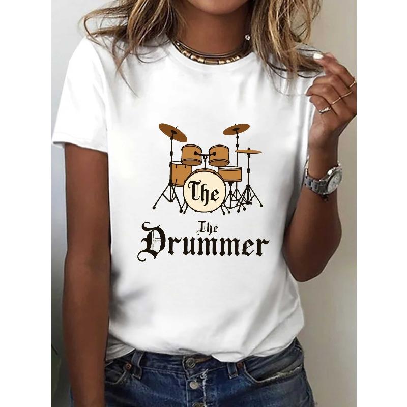 

Women S Gothic Drum Set Graphic T-Shirt - Soft Round Neck Casual Music Tee with Drummer Lettering & Drum Print for Concerts S белый