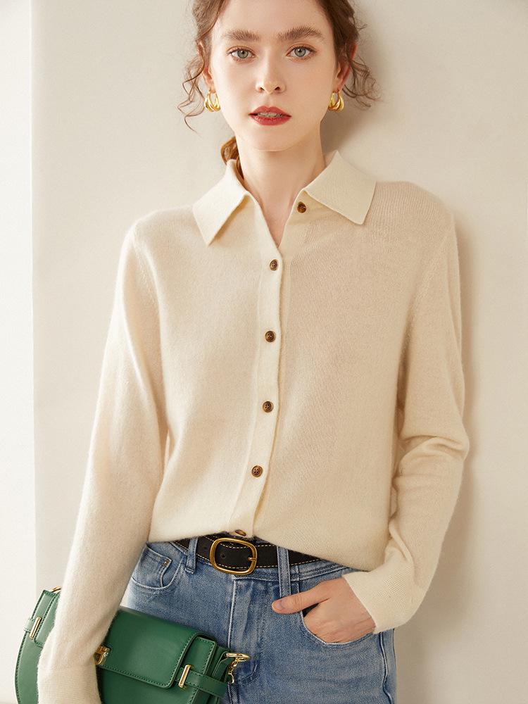 Women's Long Sleeve Cashmere Polo Neck Sweater with Lapel - Korean Style Cardigan Outerwear