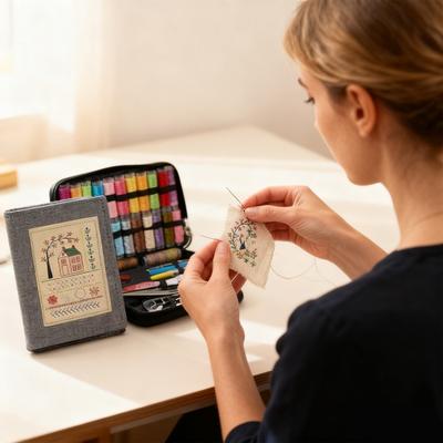 Kit Livre de Points de Broderie Livre de Référence de Broderie DIY Guide de Points Fils Aiguilles Ciseaux Ensemble d'Outils de Couture Kit de Broderie Portable