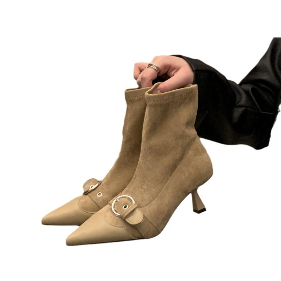 French Kitten Heel Pointed Toe Skinny Short Boots Women's Shoes Retro Temperament High Heel Spring and Autumn Single Boots