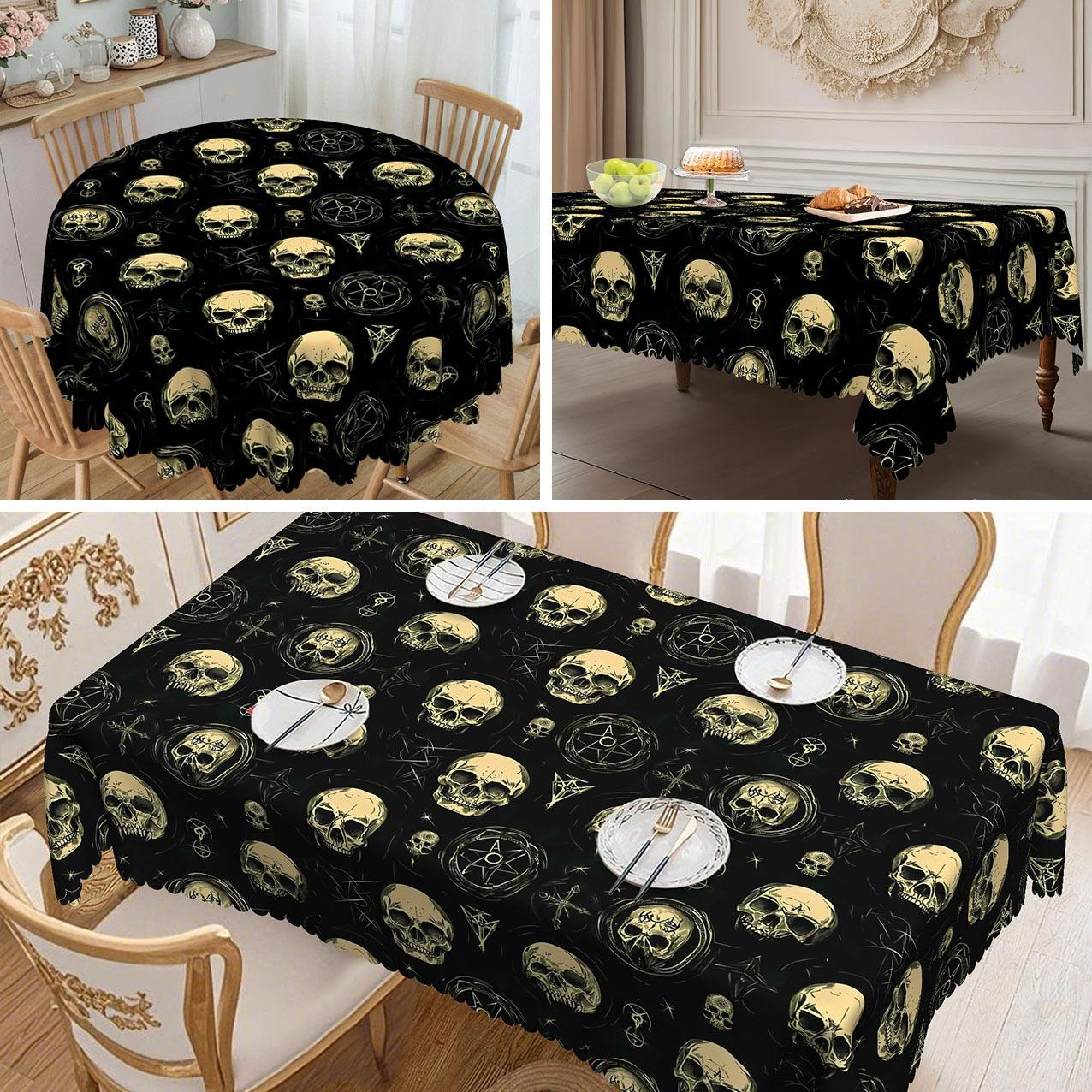 1 Gothic Skull Tablecloth - Vintage Black Polyester Fabric, Complex Skull Pattern Fits Long Round Tables round tablecloth-152x152cm