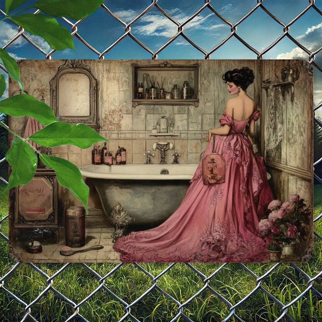 Metallschild im Vintage-Stil - Frau beim Anziehen im Badezimmer - Folienprägung Wandkunst für Heim- und Garagendekor, Eisenmaterial