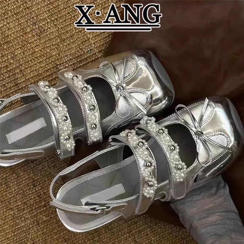Cowhide version metal ballet Mary Jane shoes empty bag head sandals women's summer new square head single shoes women's
