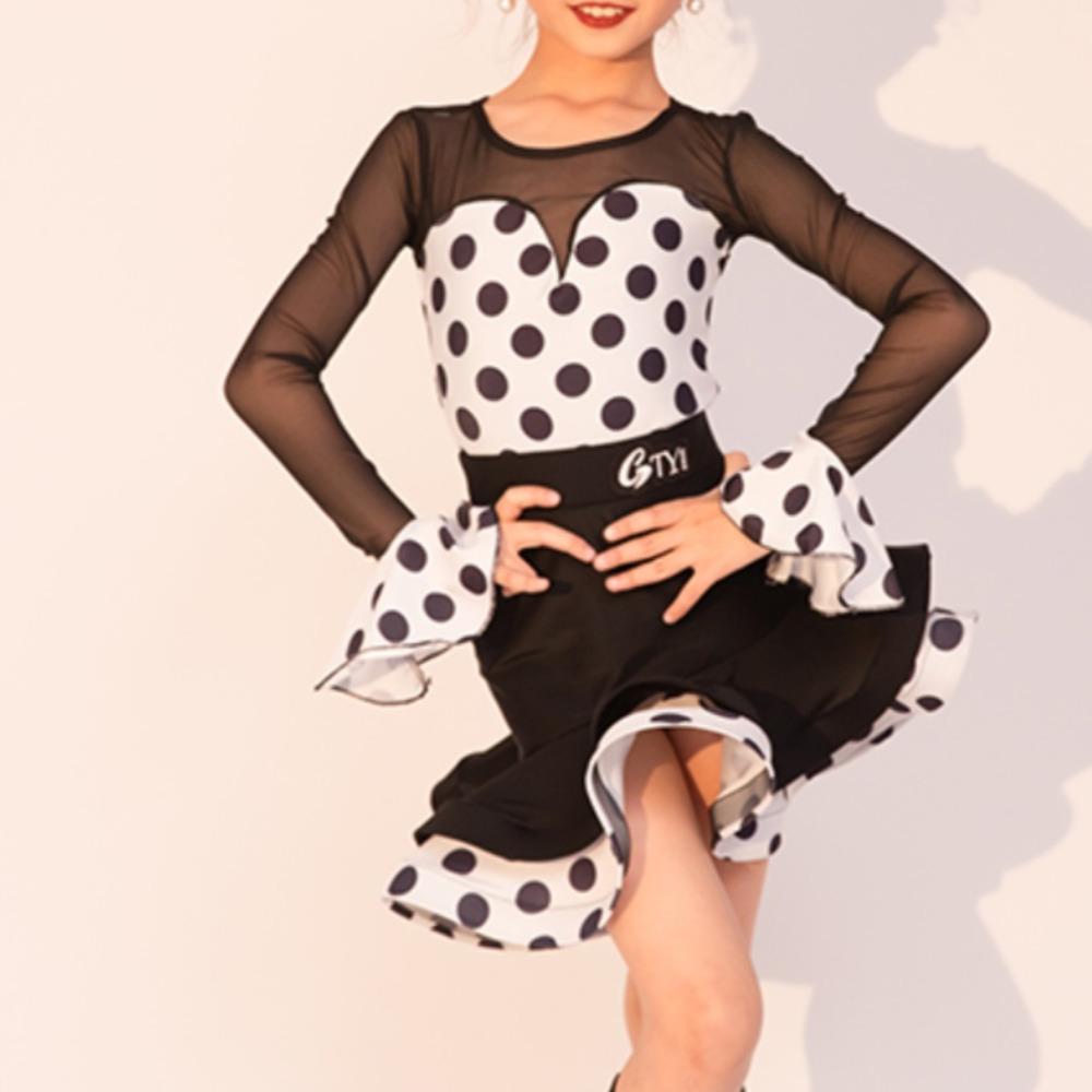 Gepunktetes Langarm Cha Cha Rumba Tango Latein Tanzkleid Mädchen Kinder Samba Salsa Kleidung Kinder Wettkampf Standardtanzkleider