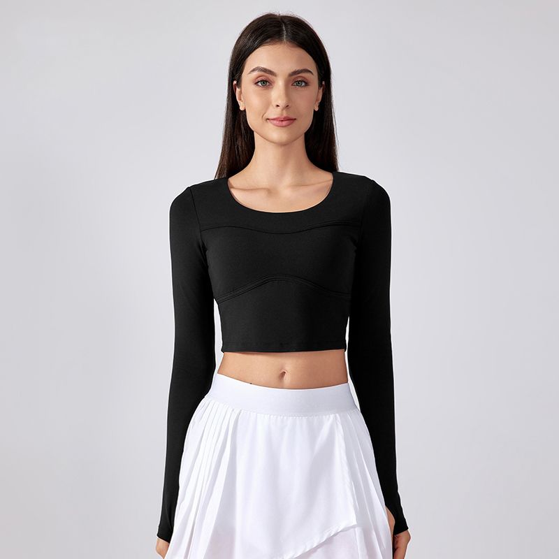Original Long sleeve Yoga Clothes With Chest Pad Outer Wear Half Fixed Cup Quick-Drying T-shirt Women Short Pilates Workout Clothes