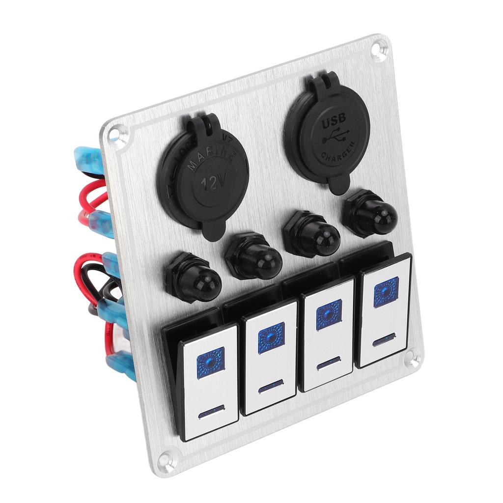 4 Gang Rocker Switch Panel Waterproof Marine Boat Toggle Switch Panel Silver Oxide On Off with Double Blue Light