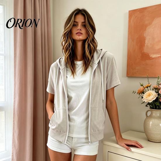Sudadera Ligera con Capucha para Mujer, Manga Corta, Cremallera, Sudadera Casual con Cordón para Verano, Chaqueta con Capucha y Bolsillos, Suave para Verano