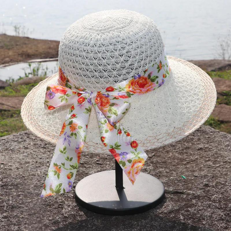 WTEMPO Hollow-out Spring Summer Knitted Foldable Sunscreen Hats Female Solid Color Wide Brim Travel Beach Breathable Sun Hats with Printed Bow