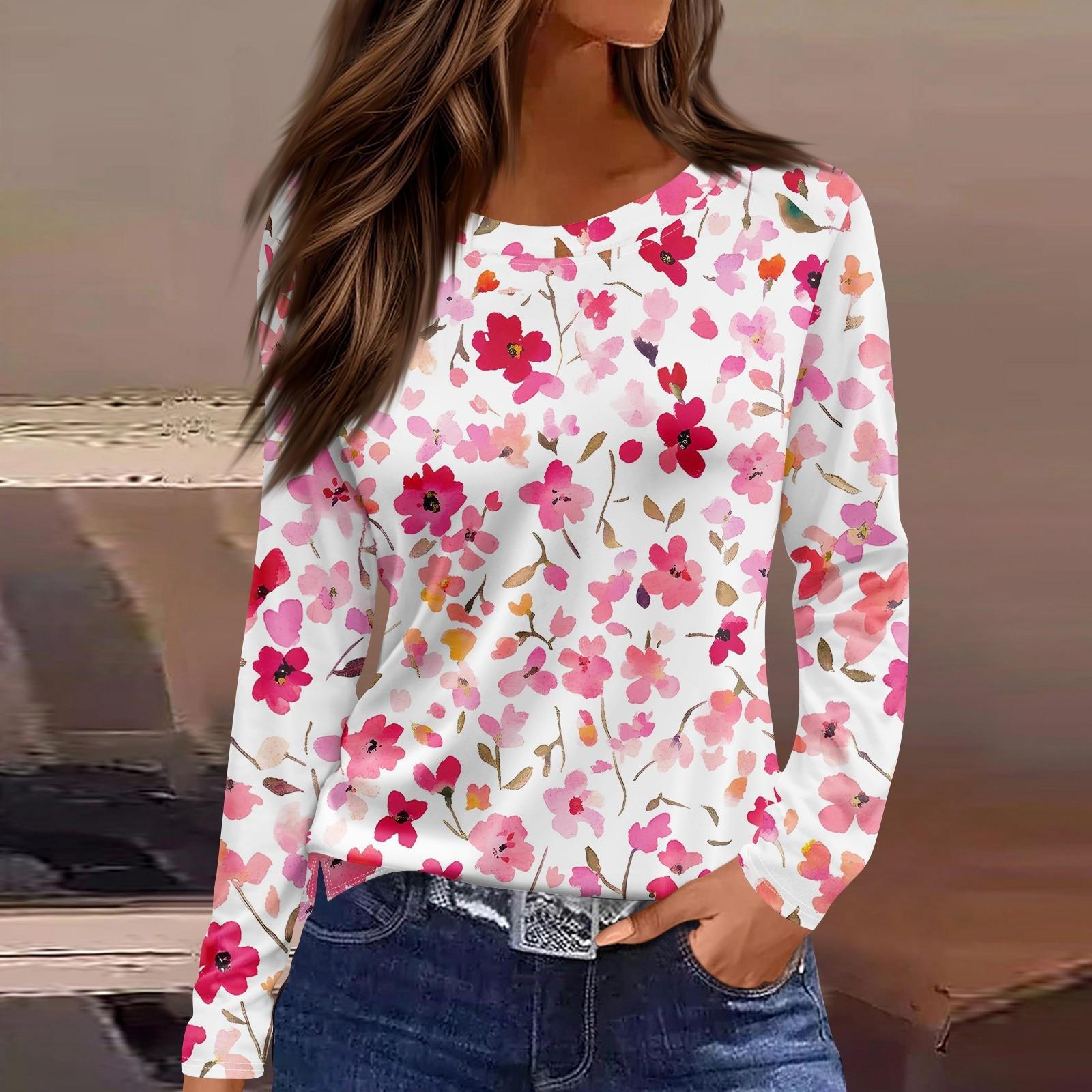 

Женская модная повседневная свободная футболка с принтом и круглым вырезом с разрезом и длинным рукавом, женский топ XXXL розовый