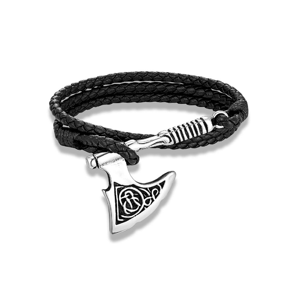 Mens Stainless Steel Vikings Axe Bracelet Leather Wolf Amulet Handmade Bracelet For Men Women Biker Outdoor Jewelry Gift