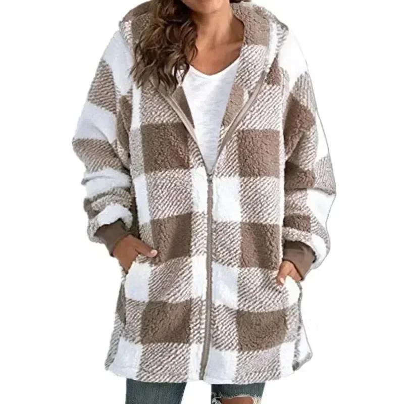 Winter Coats Woman Polar Fleece Long Sleeve Outerwear Loose Pocket Zipper Hooded Fashion Streetwear Autumn Winter Overcoat