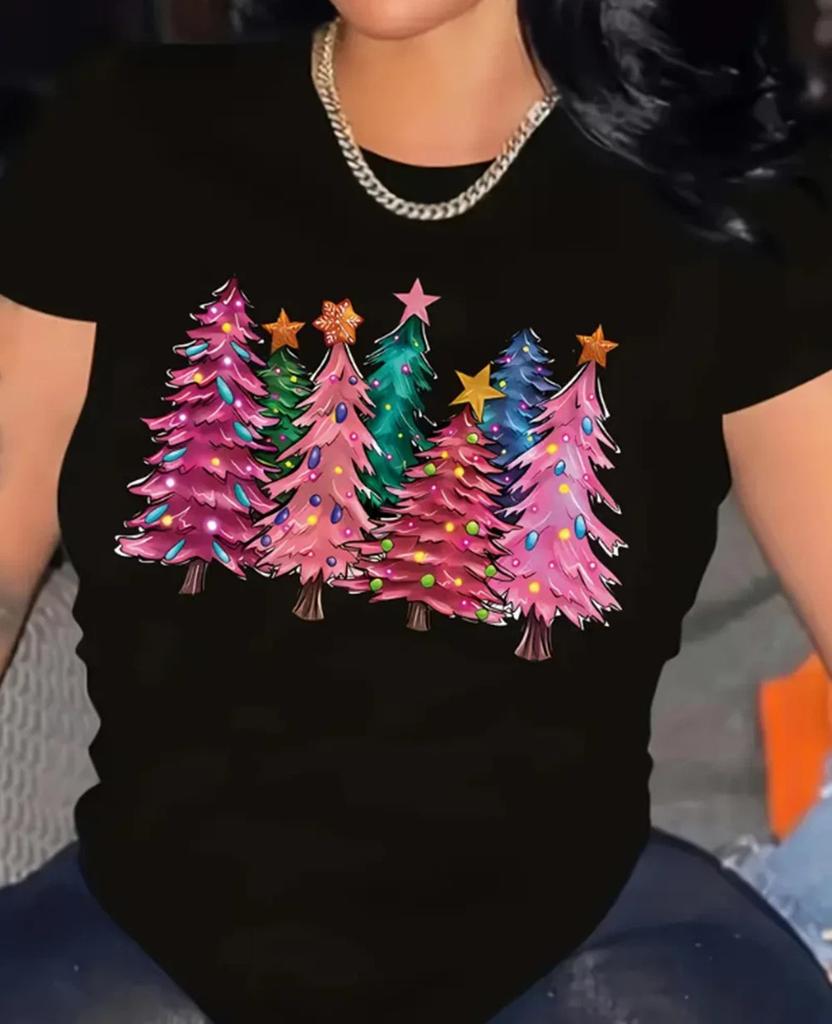 Christmas T-Shirt Pink Christmas Trees Graphic Printed Loose Fit Tee