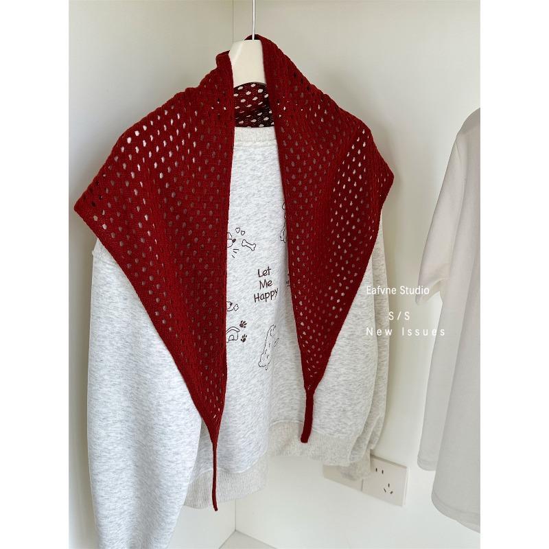 Solid Color Shawl Scarf Women's Warm Autumn and Winter Outerwear with Hollowed Out Knitted Fabric