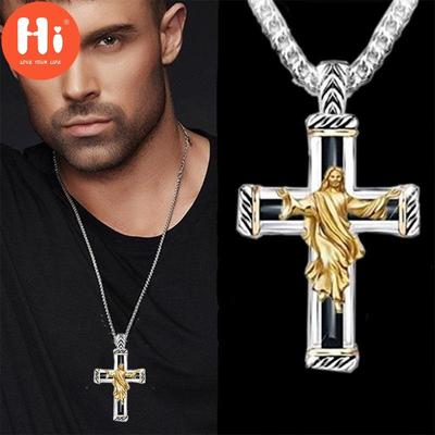 Hallo exquisite Mode zweifarbige Halskette Jesus Kreuz Anhänger Herren Retro Halskette