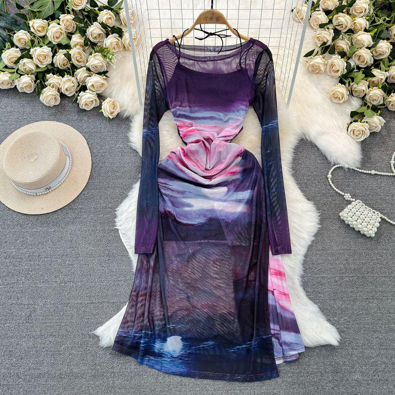 

Spring and Autumn Retro Sexy Long Sleeves Suspender Skirt Mesh Enchantment Purple All yards