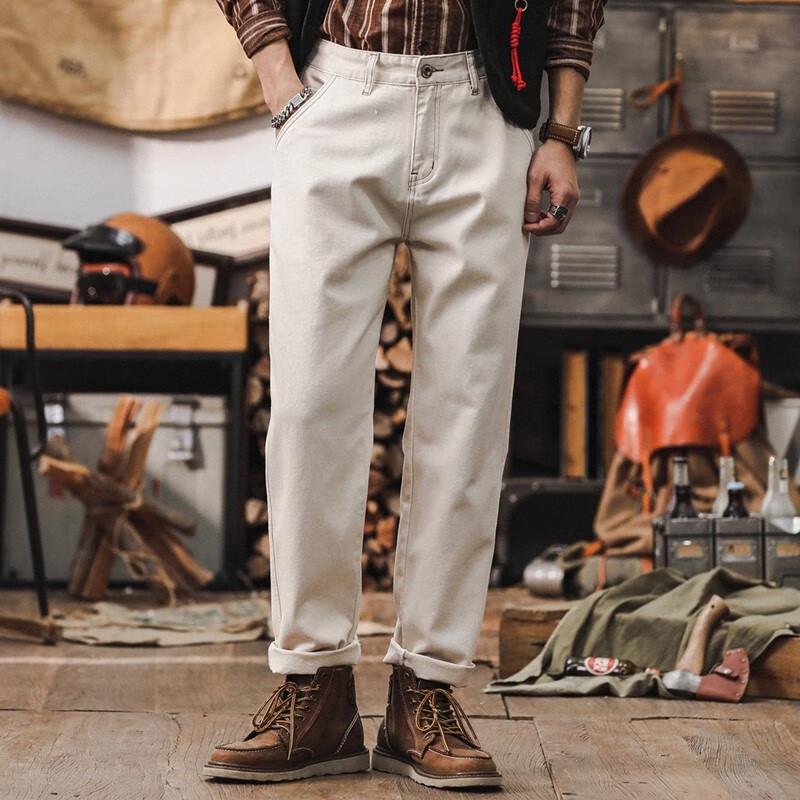 Jeans in Denim da Uomo Jie Leinuo Retro Americano Bianco Lavato Ampi Dritti