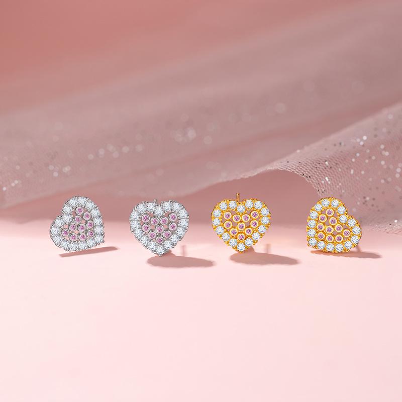 Pink Love Stud Earrings Women's Light Luxury Niche Ins Hollow Pink Zirconium Heart Earrings