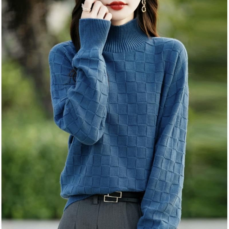 Women's 2024 Checkerboard Jacquard Knit Base Layer Top - Half-High Neck, Thick, Loose, Slim-Fit Sweater