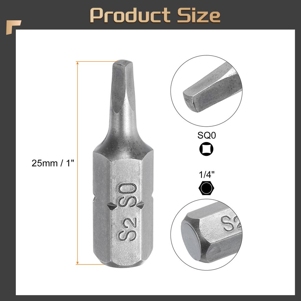 Uxcell 2/5/10pcs Square Head Screwdriver Bits 1/4" Hex Shank SQ0/SQ1/SQ2/SQ3 Head 1" Length S2 Steel Screw Driver Drill Bit