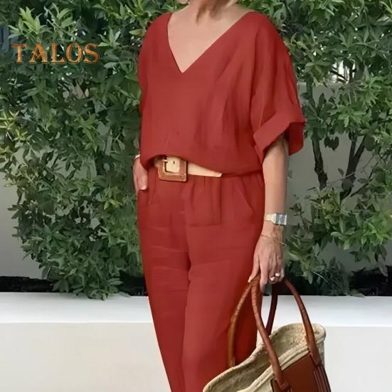 2-teiliges Set mit Bluse und Hose, V-Ausschnitt, langen Ärmeln, Oberteil, weites Bein, lockere Hose mit elastischer Taille, OL, lässiges Homewear-Outfit