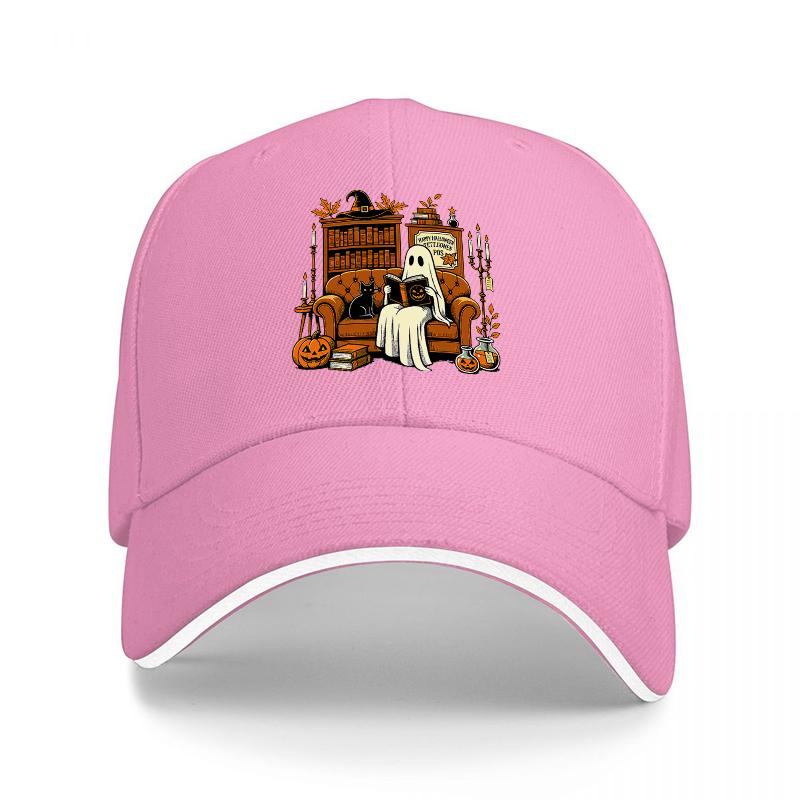 Halloween Ghost Reading Bookshelf Scene Baseball Cap Spooky Library Design Black Adjustable Hat for Adults