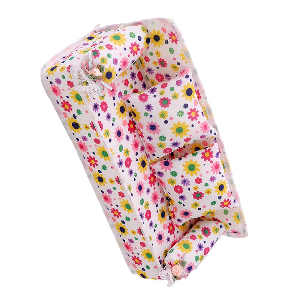 Kinder Miniatur Blumensofa Mini Stoff Blumendrucke Sofa mit Kissen Spielzeug Puppenhaus Möbel Spielzeug