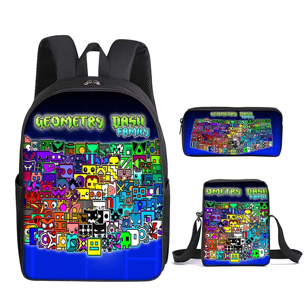 Klassiek Populair Geometry Dash 3D Geprint 3 stuks/Set leerling Schooltassen Laptop Dagrugzak Rugzak Schuin gedragen schoudertas Etui
