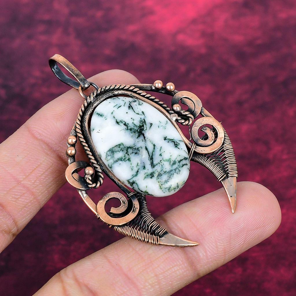 Tree Agate Gemstone Pendant Handmade Dainty Pendant Copper Wire Wrapped Jewelry