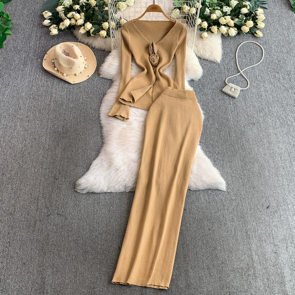 Spring Autumn Women Elegant Knitted Sweater Office Two Piece Set V-neck 3D Flower Pullover Tops and Long Maxi Sheath Skirt Outfits