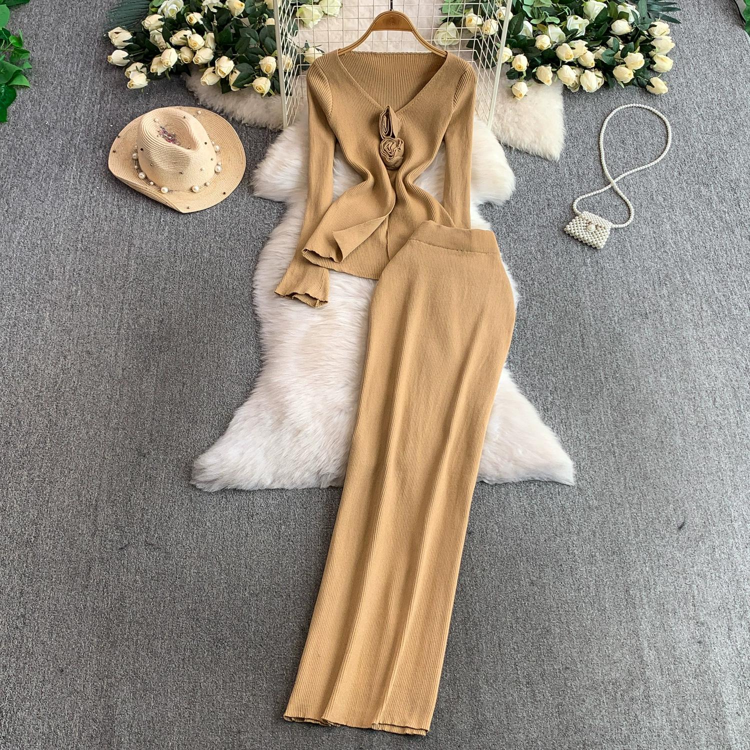 

Весенне-осенний женский элегантный вязаный свитер, офисный комплект из двух частей, пуловер с V-образным вырезом и 3D-цветком, топ и длинная юбка-макси футляр One size хаки