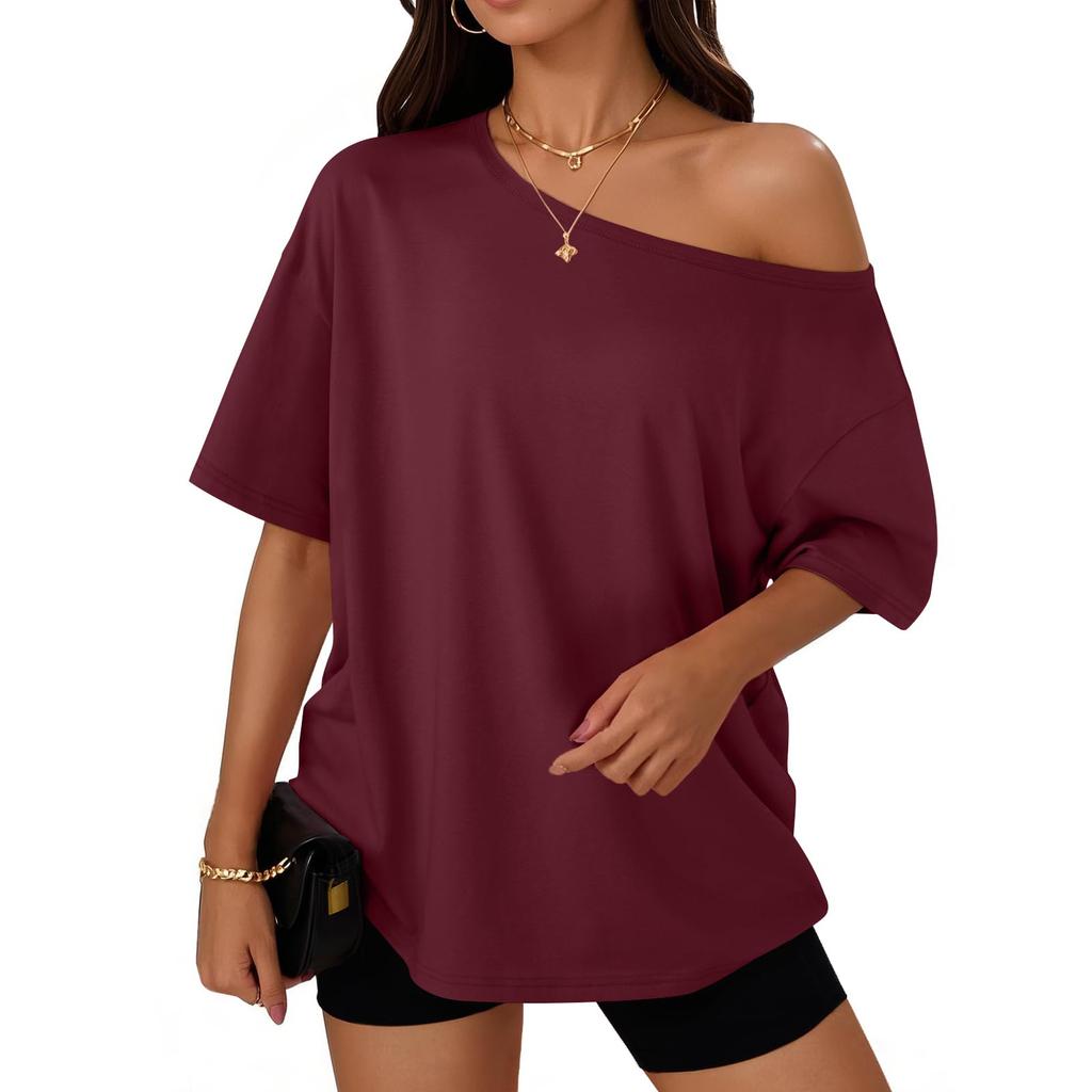 Women's Fashion Off-Shoulder T-Shirt Solid Color Loose-Fit Short Sleeve Top