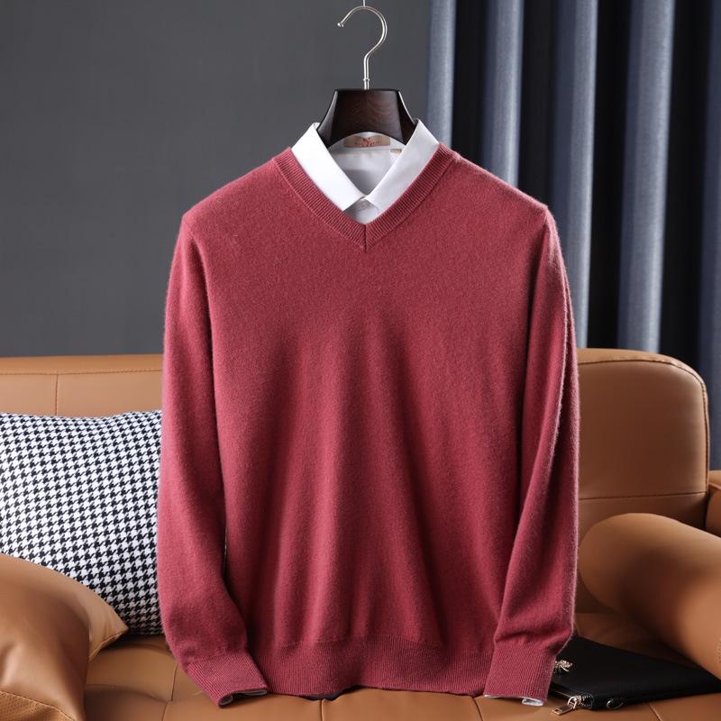 Men's Casual Autumn & Winter 100% Pure Wool V-Neck Loose Knit Sweater