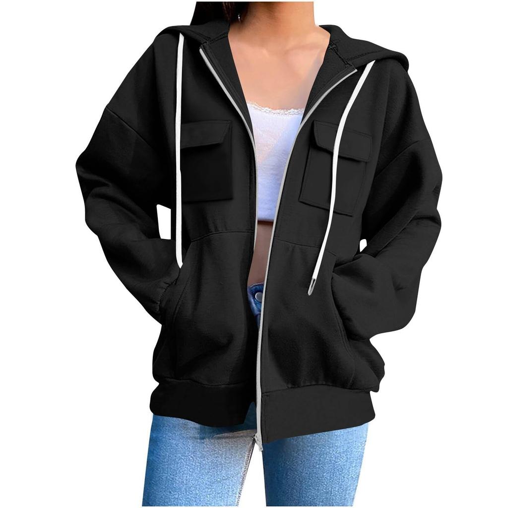 Women's Plain Zip-Up Hoodie - Oversized Long Sleeve Hooded Sweatshirt for Street Casual Wear