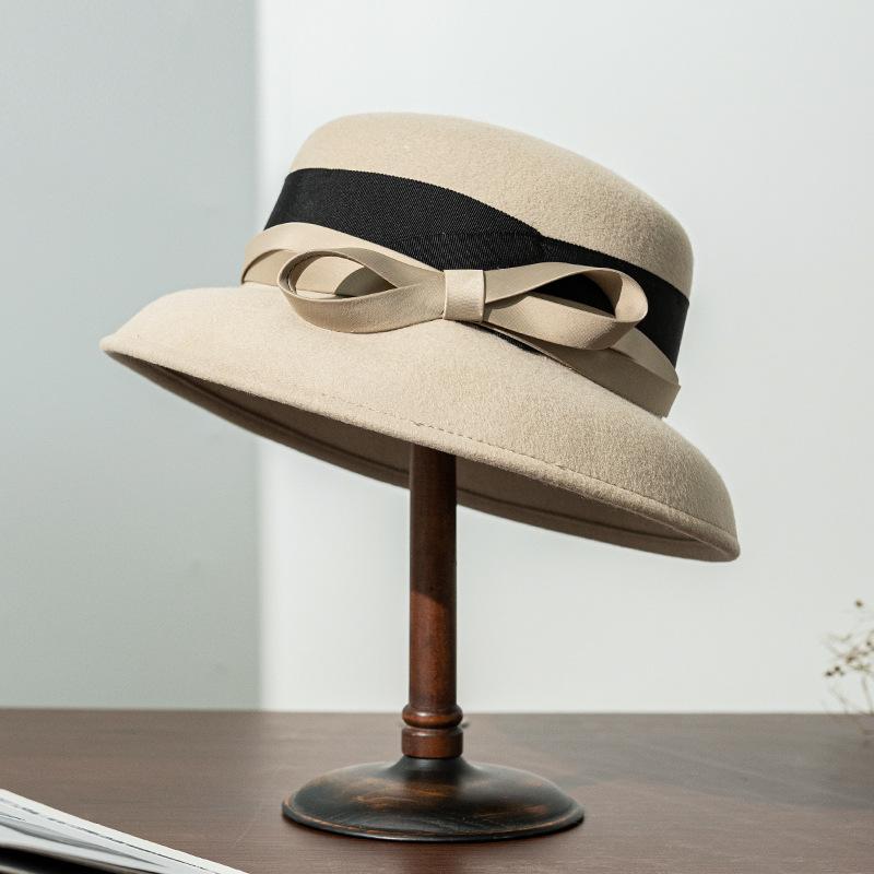 Autumn and Winter New Wool Felt Hat Hepburn Style Female Versatile Elegant Dome Bow