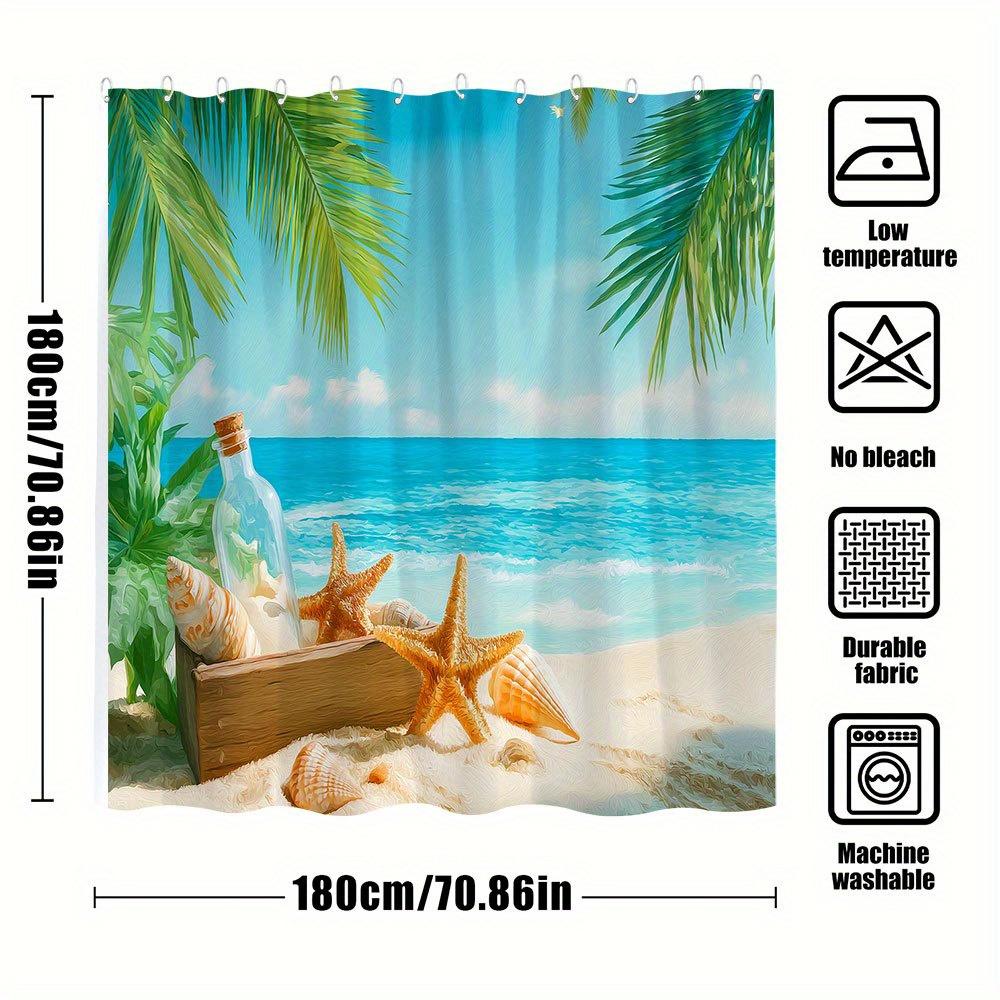 1Pc Extra Large Shower Curtain - Tropical Beach Bathroom Decor With Palm Trees, Ocean Waves, Starfish & Bottle - Machine Washabl