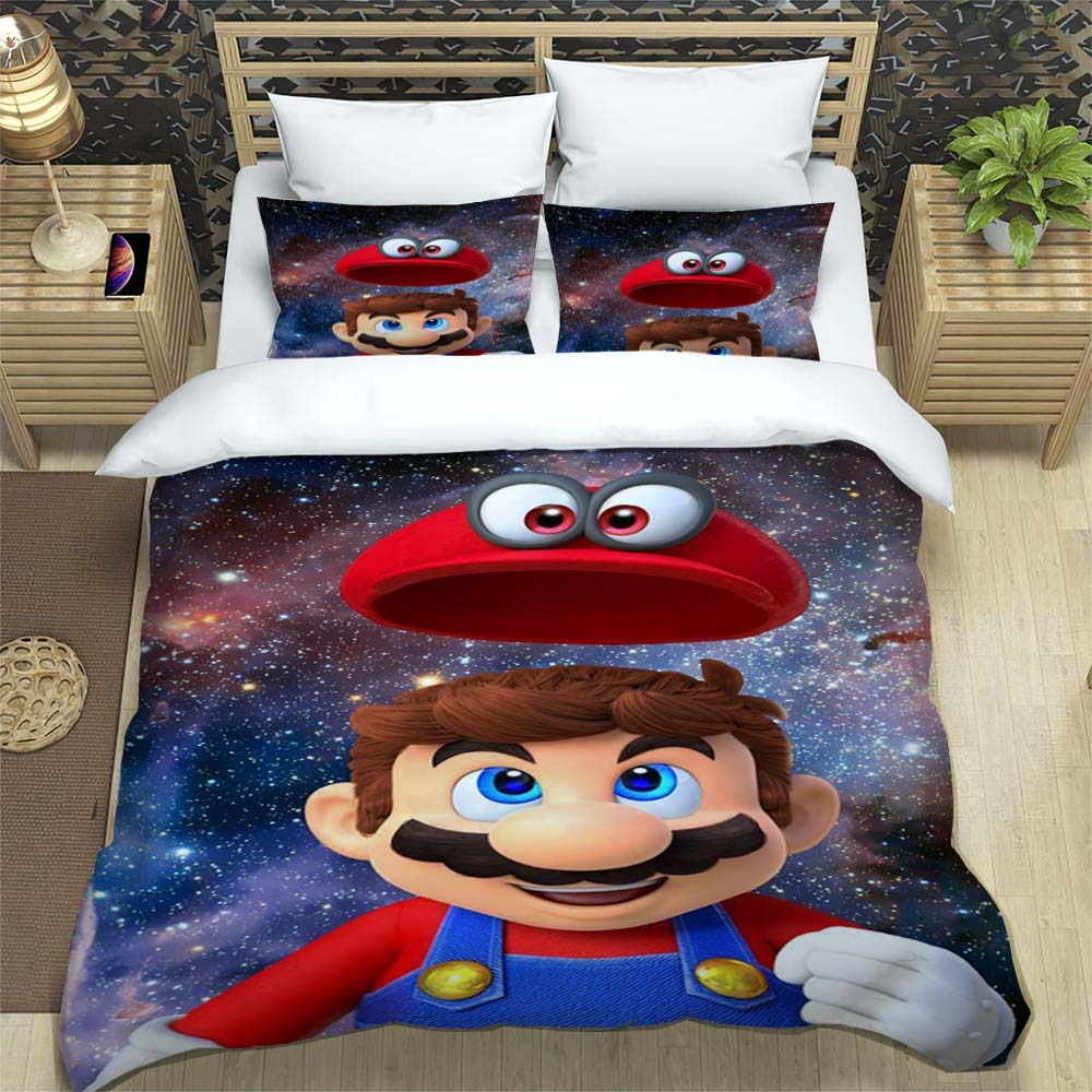 Comfortable Bedding Set, 3D Cartoon Mario Three-piece Set, Including Duvet Cover and Pillowcases.