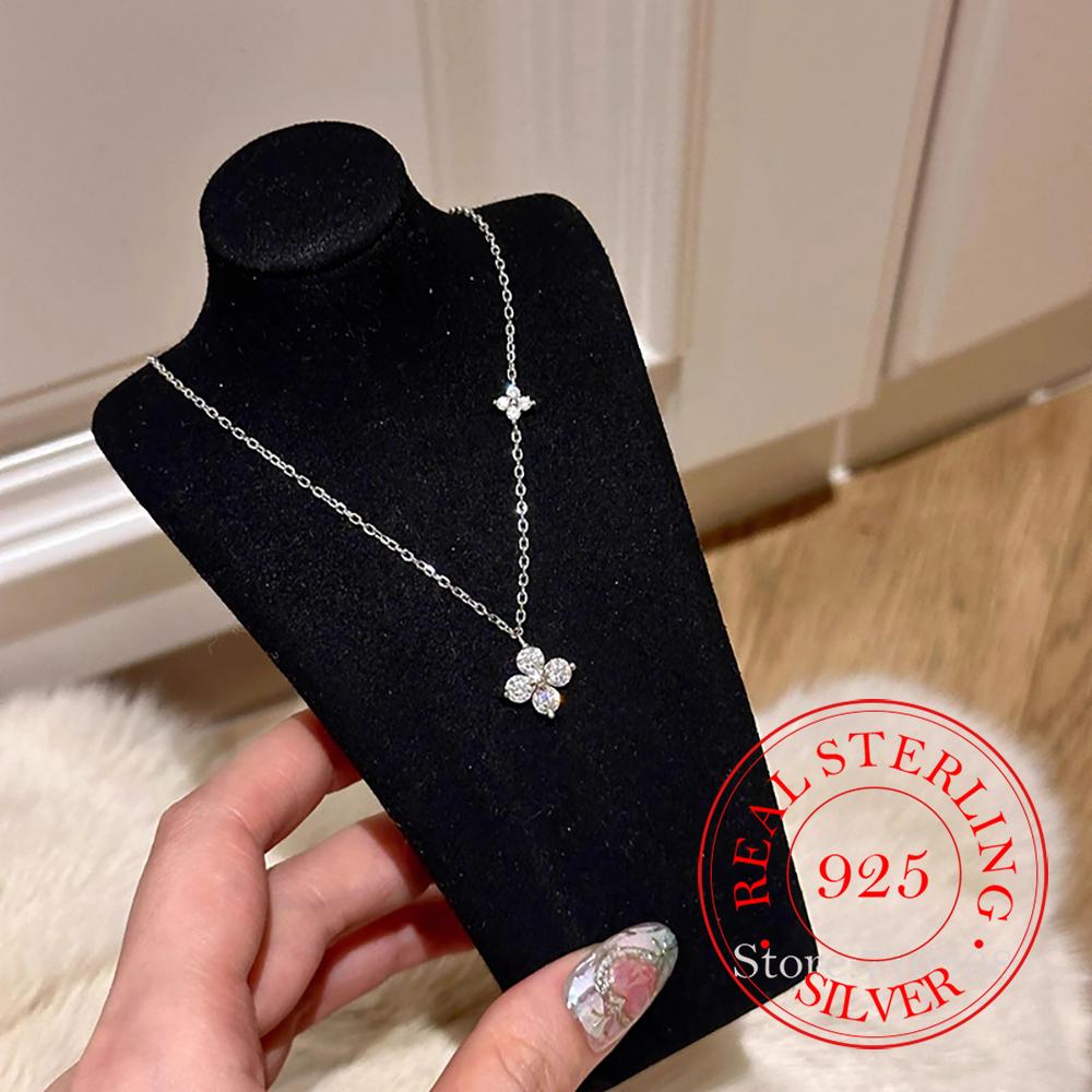925 Silver Korean Zircon Clover Necklace Pendant For Women Crystal 4-leaf Necklace Simple Wedding Party Gift Collar