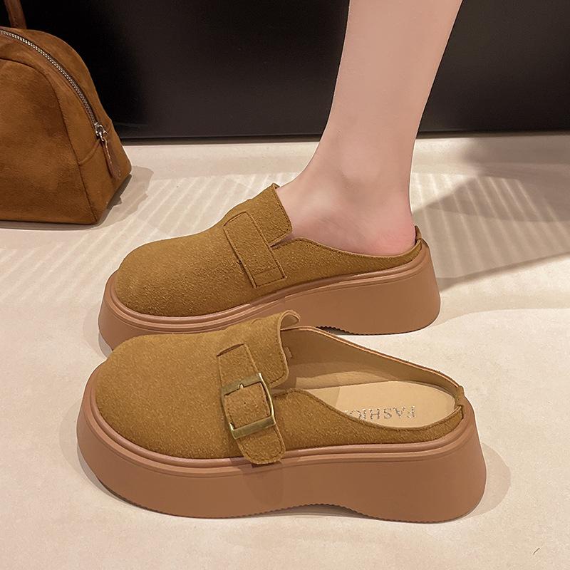 One Foot Pedal Bag Head and Half Slippers Women Wear Autumn and Winter New Thick-soled Heightening Retro Slippers