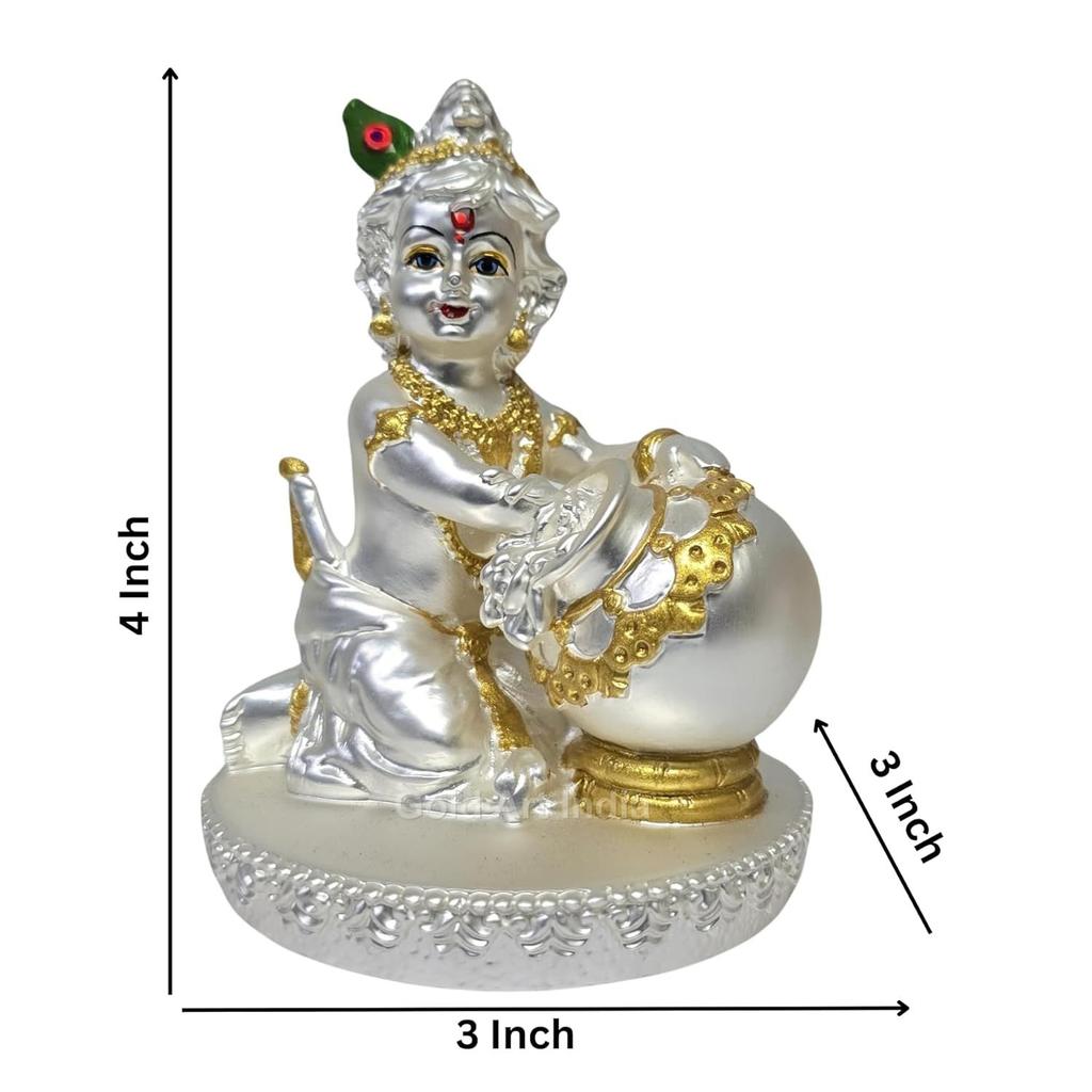 Makhan Krishna Silver Plated Matte Finish Idol | Home Decor | Makhan Chor Idol | Laddu Gopal for Gifting | Krishna Statue